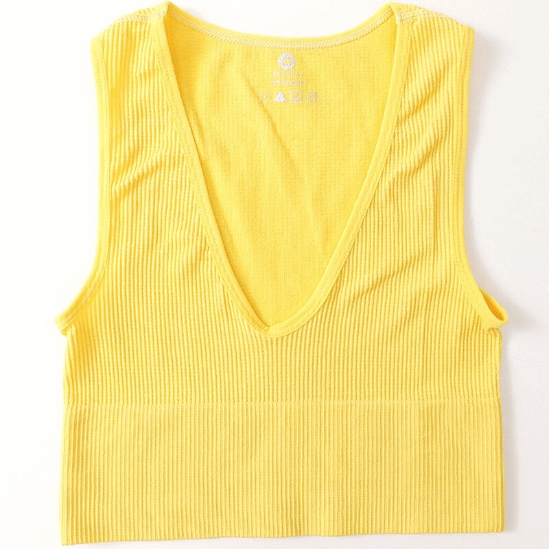 Yellow ribbed seamless deep V-neck tank top for women, perfect for sport and yoga, breathable and stretchy fabric SF0034.